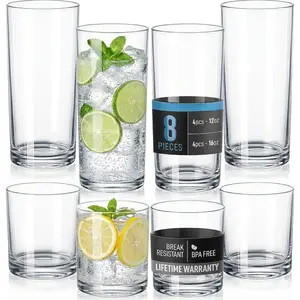 Kitchen Plastic Drinking Glasses (Set of 8) – Mixed 16oz & 12oz Acrylic Shatterproof Cups for Home, Kitchen & Outdoors – Crystal Clear Glass Look – BPA & Lead-Free – Top-Rack Dishwasher Safe