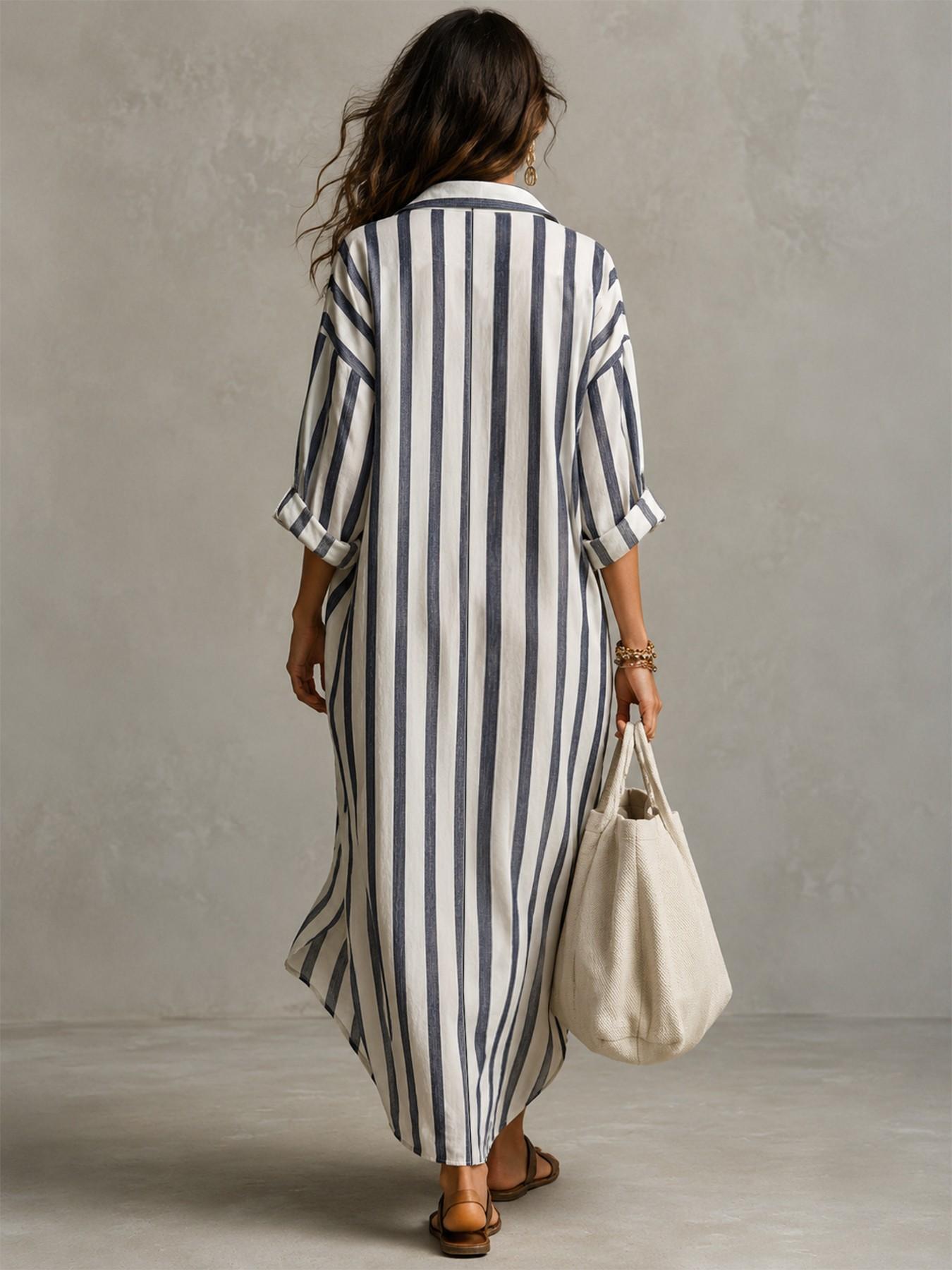 Summer Lightweight Loose Striped Long Shirt Dress, Casual Dress, Women's Comfortable Stylish Collared Three-Quarter Sleeve Pocket Dress, Comfortable and Stylish