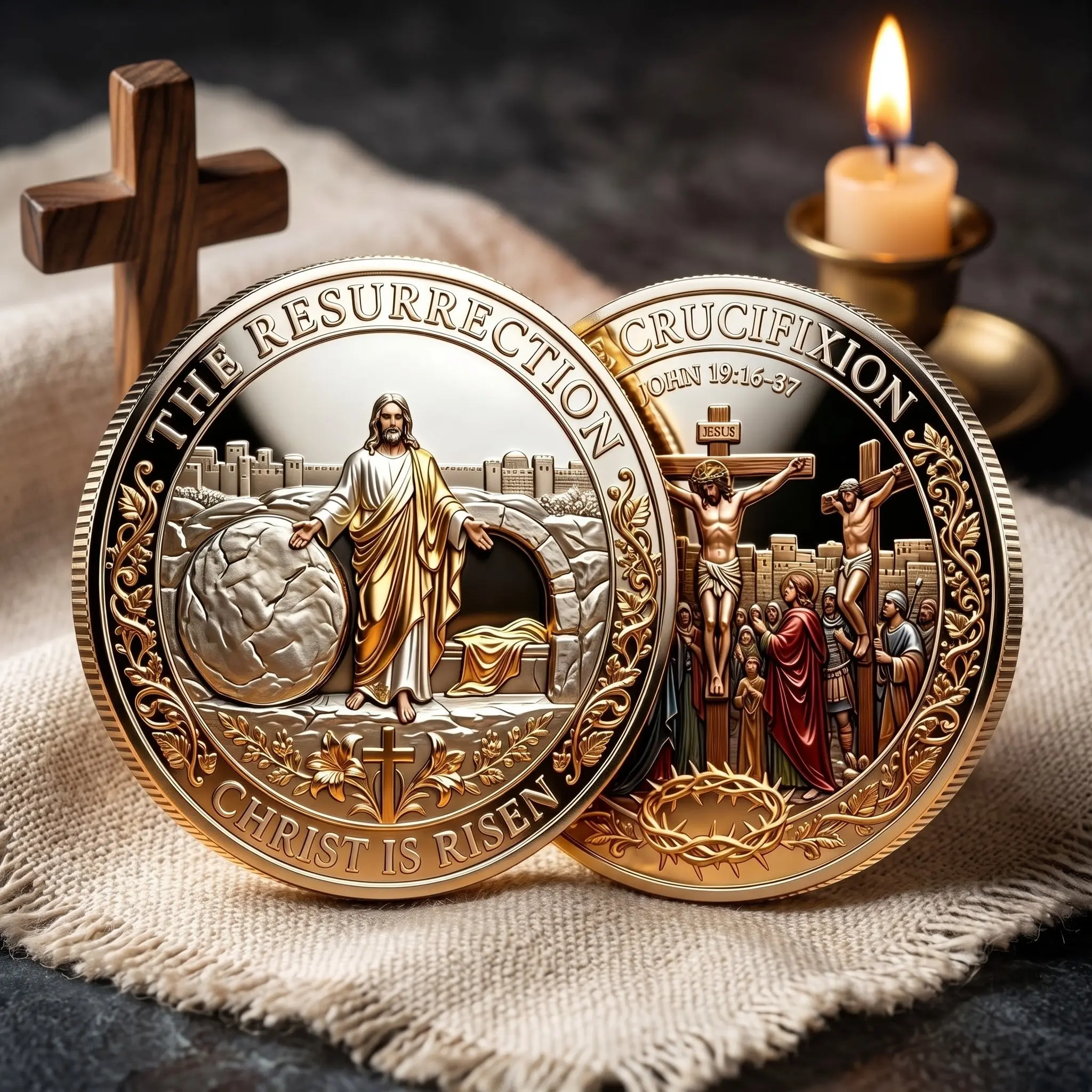 2PCS Jesus Christ Resurrection Challenge Coin, Crucifixion Metal Token, Christian Baptism Gift, Religious Pocket Token, Easter Keepsake, Bible Verse Gift, Religious Collectibles