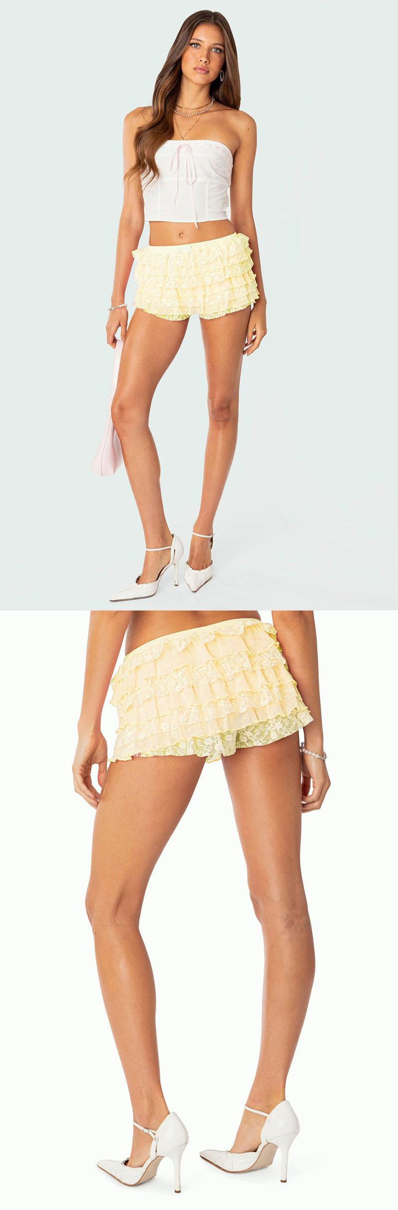 2026 New European American Women Multi-Layer Ruffle Cake Skort, Sexy Lace Tiered Mini Skirt Shorts, High Waist Trendy Hot Pants for Y2K Club Party Street Outfits