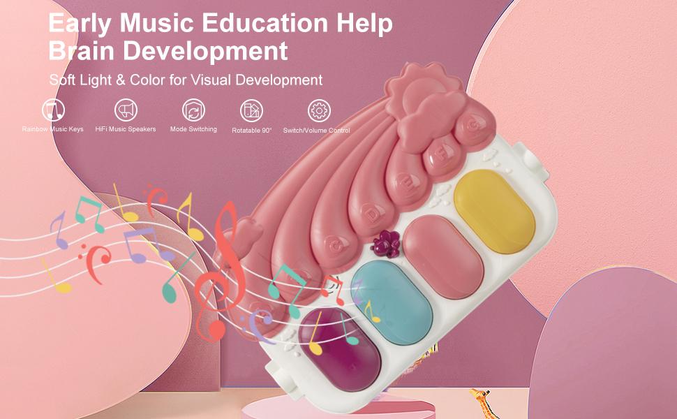 Baby Play Mat Baby Gym with Piano Tummy Time, 5 Infant Learning Toys, Music & Lights, Pink, Suitable for Newborns 0 to 3 Months & 6 Months to 9 Months Nursery