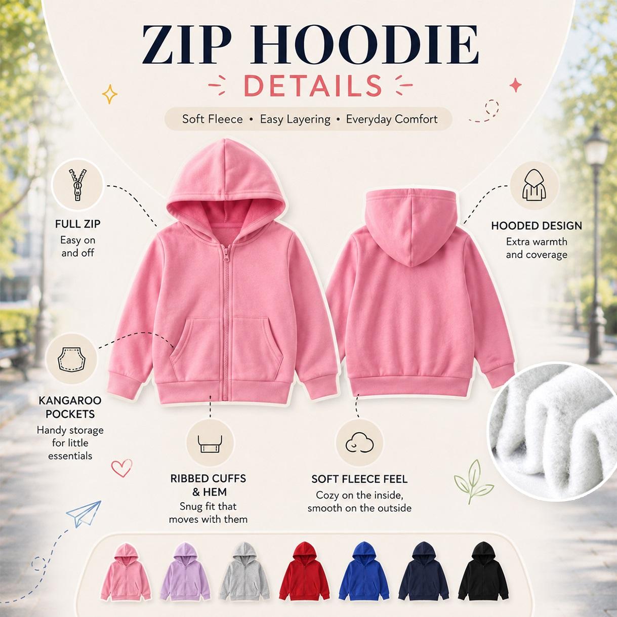 Kids’ Fashion Bear Graphic Zip Up Hoodie, Casual Long Sleeve Hooded Jacket with Front Pockets and Back Print, Everyday Outerwear for School, Travel, Outdoor Play and Weekend Wear