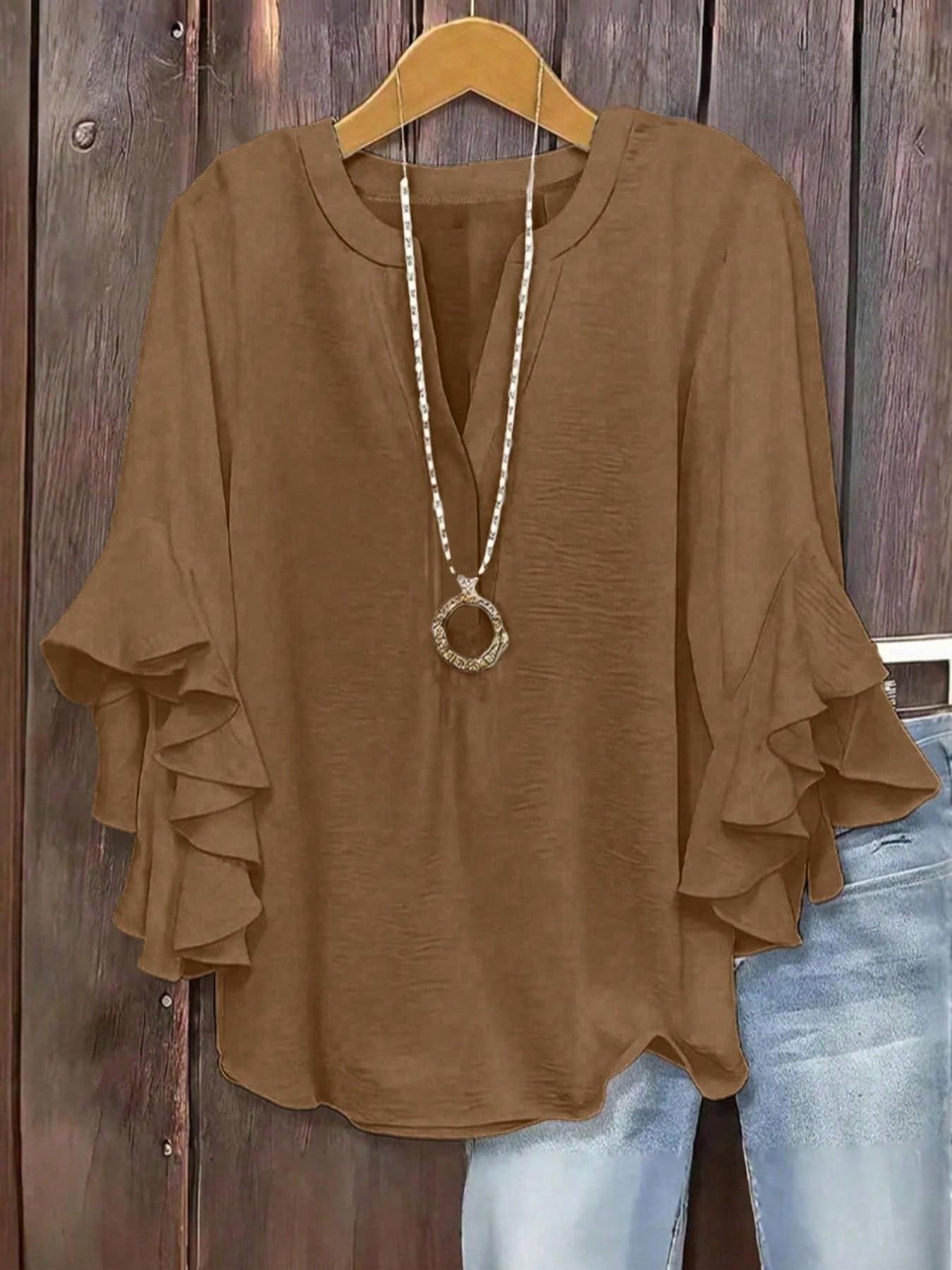 Plus Size Women's Ruffled Sleeve V-Neck Shirt Blouse, Elegant Floral Design, Comfortable and Stylish, Perfect for Casual Wear Plus Size Women's Ruffled Sleeve V-Neck Shirt Blouse, Elegant Floral Design, Comfortable and Stylish, Perfect for Casual Wear