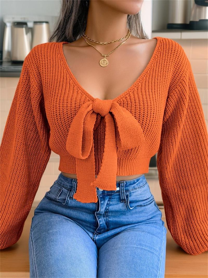 Women's Plain Bow Decor Tie Front Crop Sweater, Casual Chic Bishop Sleeve V Neck Jumper for Fall & Winter, Women's Knitwear for Daily Wear