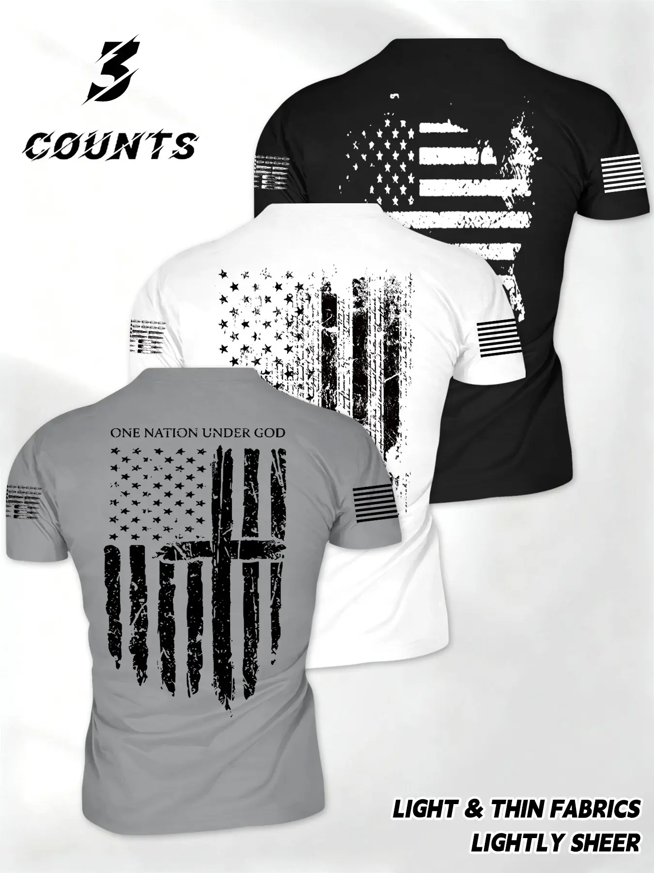 Men's 3-Piece Fitness Sportswear Set, American Flag Cross 1776 Pattern Running Top, Breathable Short Sleeve T-Shirt for Gym and Outdoor Activities, Fitness Outfits