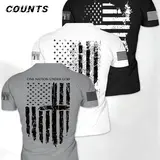 Men's 3-Piece Fitness Sportswear Set, American Flag Cross 1776 Pattern Running Top, Breathable Short Sleeve T-Shirt for Gym and Outdoor Activities, Fitness Clothing