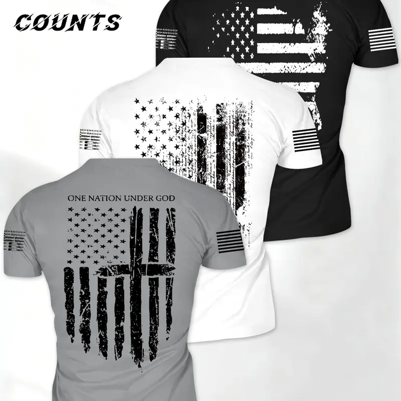 【Black Friday】Men's 3-Piece Fitness Sportswear Set, American Flag Cross 1776 Pattern Running Top, Breathable Short Sleeve T-Shirt for Gym and Outdoor Activities, Fitness Clothing
