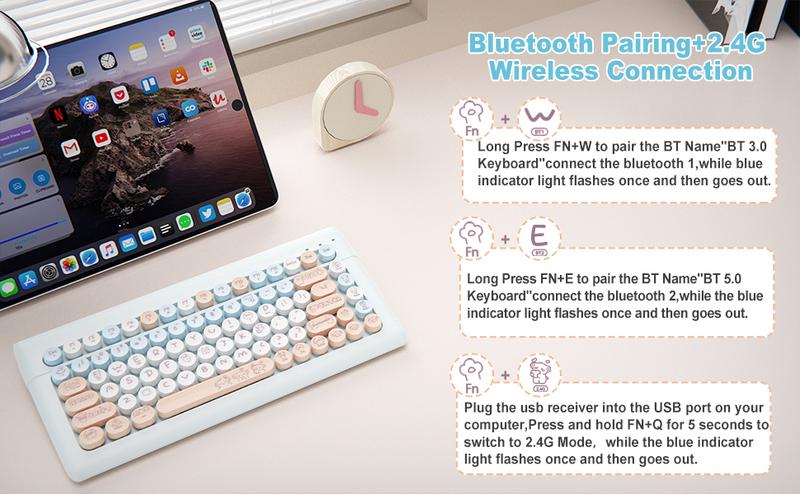 Wireless Bluetooth Keyboard for Mac, iPad, iPhone, PC, and Android—Connect Up to 3 Devices, Portable 84-Key Retro Typewriter Style, Light Blue Wireless Bluetooth Keyboard for Mac, iPad, iPhone, PC, and Android—Connect Up to 3 Devices, Portable 84-Key Retro Typewriter Style, Light Blue