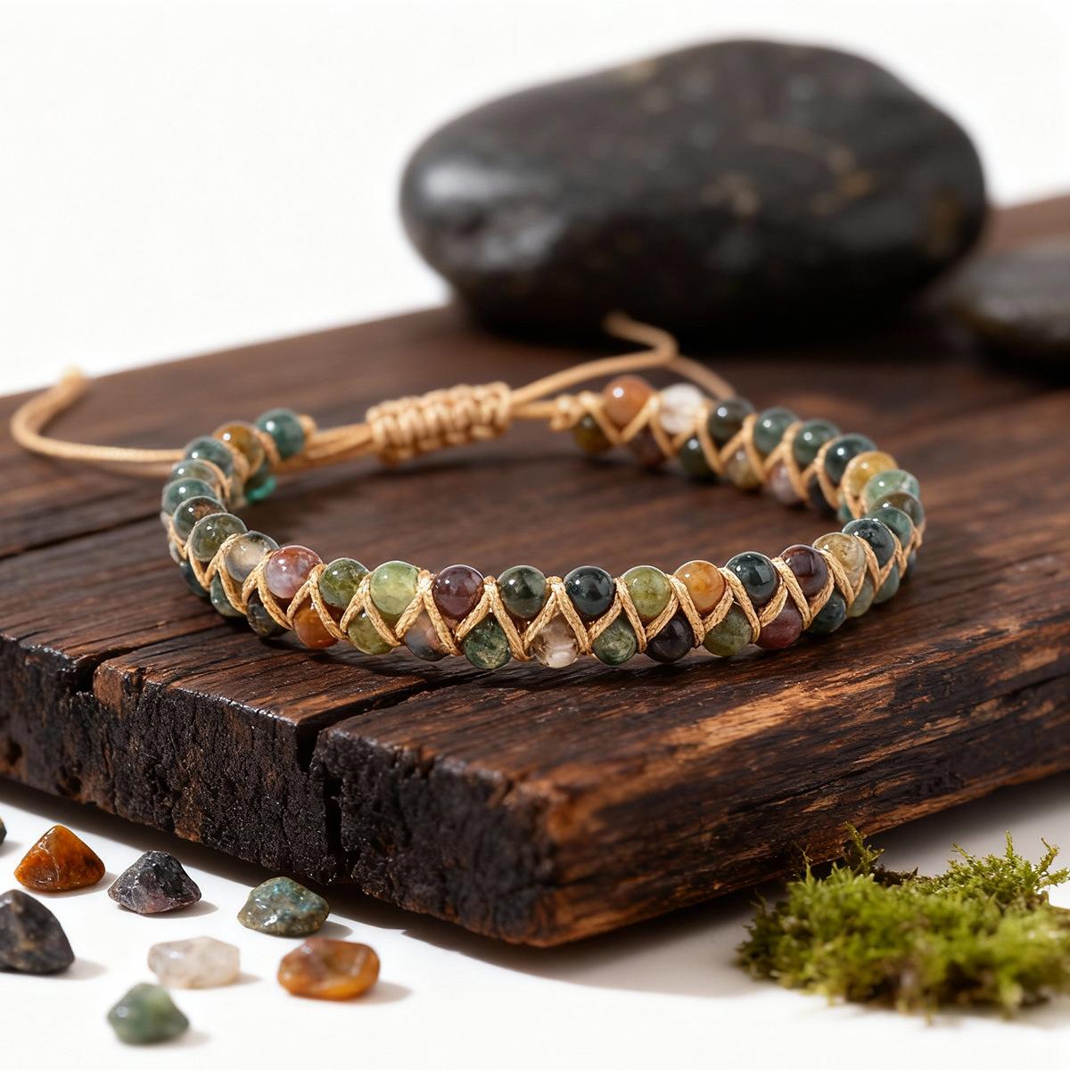 Bohemian Stone Bracelet Crystal Natural Indian Agate Braided Bracelet - Adjustable Macrame Healing Jewelry for Women & Men