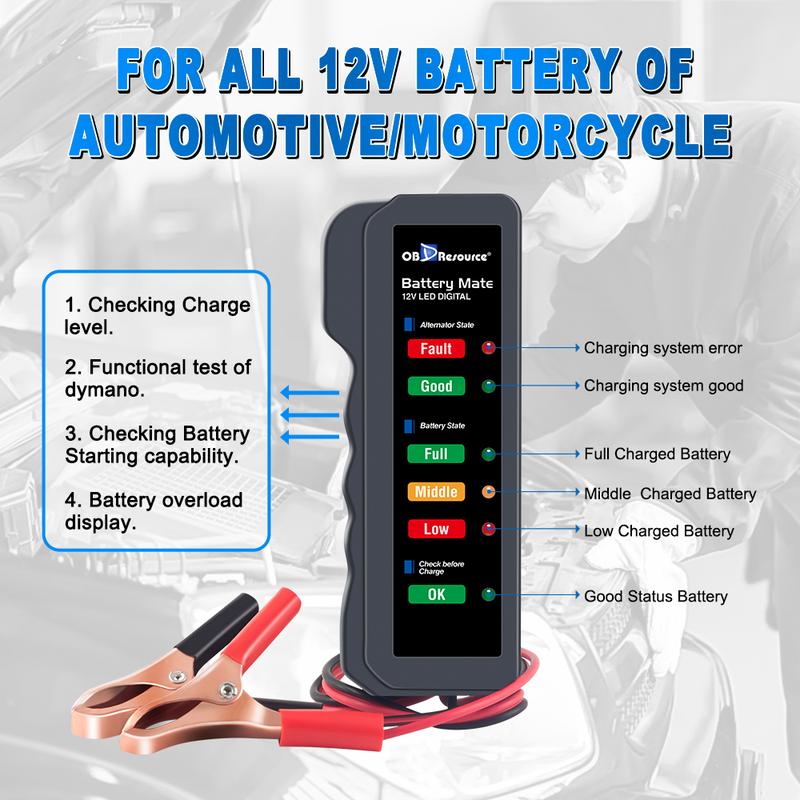BM310 Motorcycle Car Battery Tester, 6 LED Display, Automotive Battery, Alternator Tester, Scanner, Car Diagnostic Tool, 12V Truck Vehicle