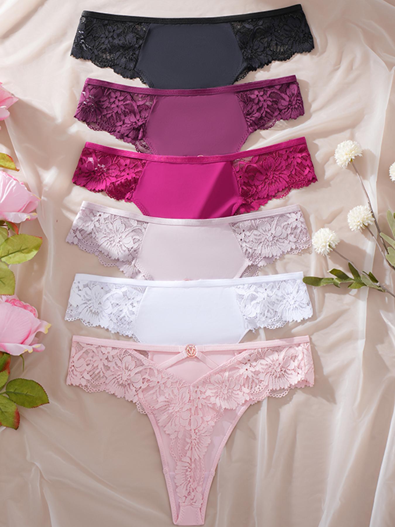 Women's Sexy Contrast Lace Thongs, Breathable Soft Comfort Underwear, Fitted Plain Design, All Seasons Wear, Pack of 6, Fashion Panties, Trim Lace Panty