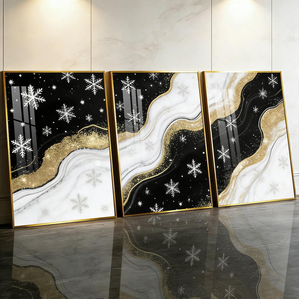3 Counts Aluminum Alloy Framed Painting, Black White And Gold Snowflake Abstract Art Pictures, Home Decoration For Living Room, Bedroom, Office, Restaurant, Hallway Wall Decor, Odorless Print Artwork, Luxury Perfect Gift For Friends And Family
