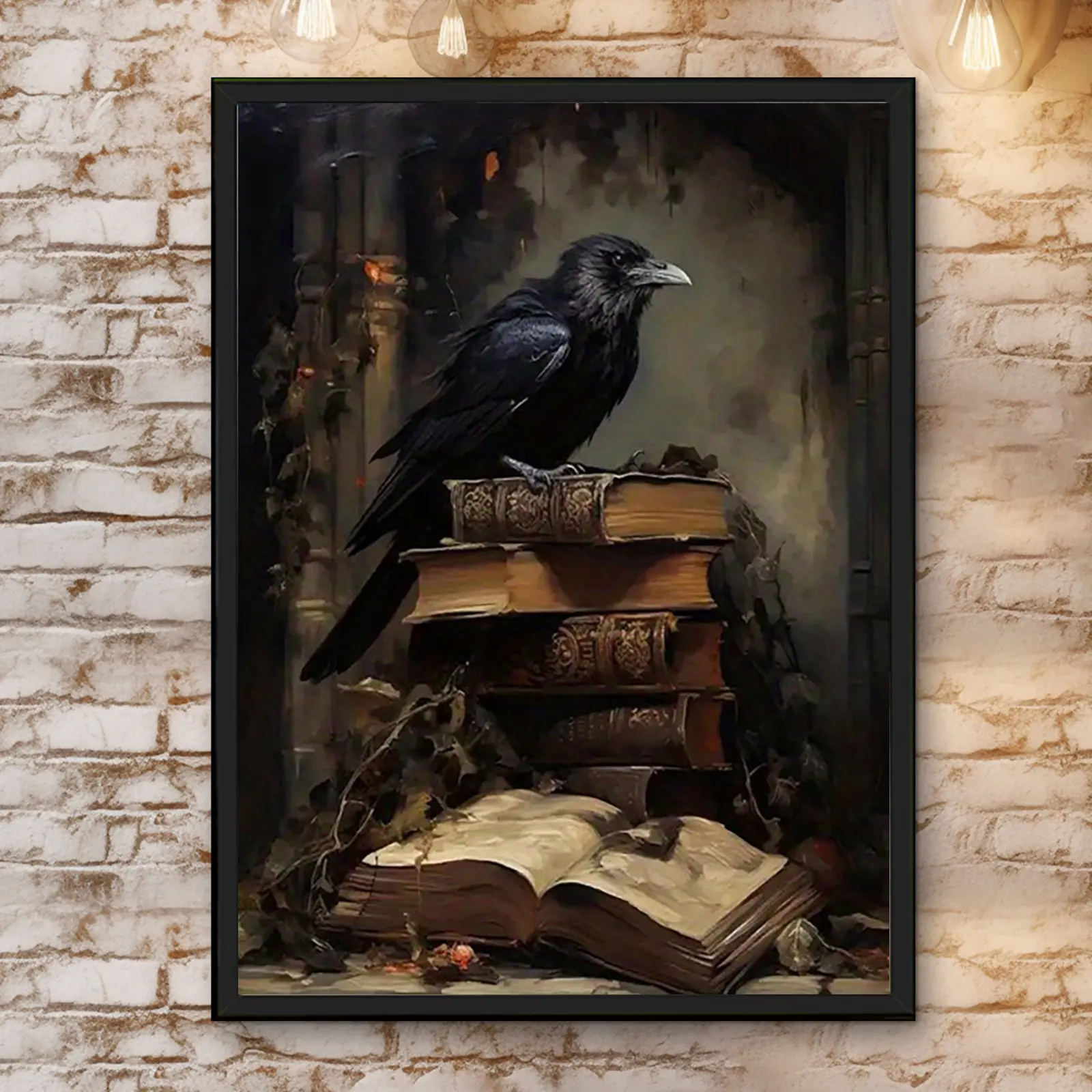Gothic Raven Framed Canvas Wall Art, Black Crow on Vintage Books Dark Academia Poster, Halloween Decor for Study Library Living Room