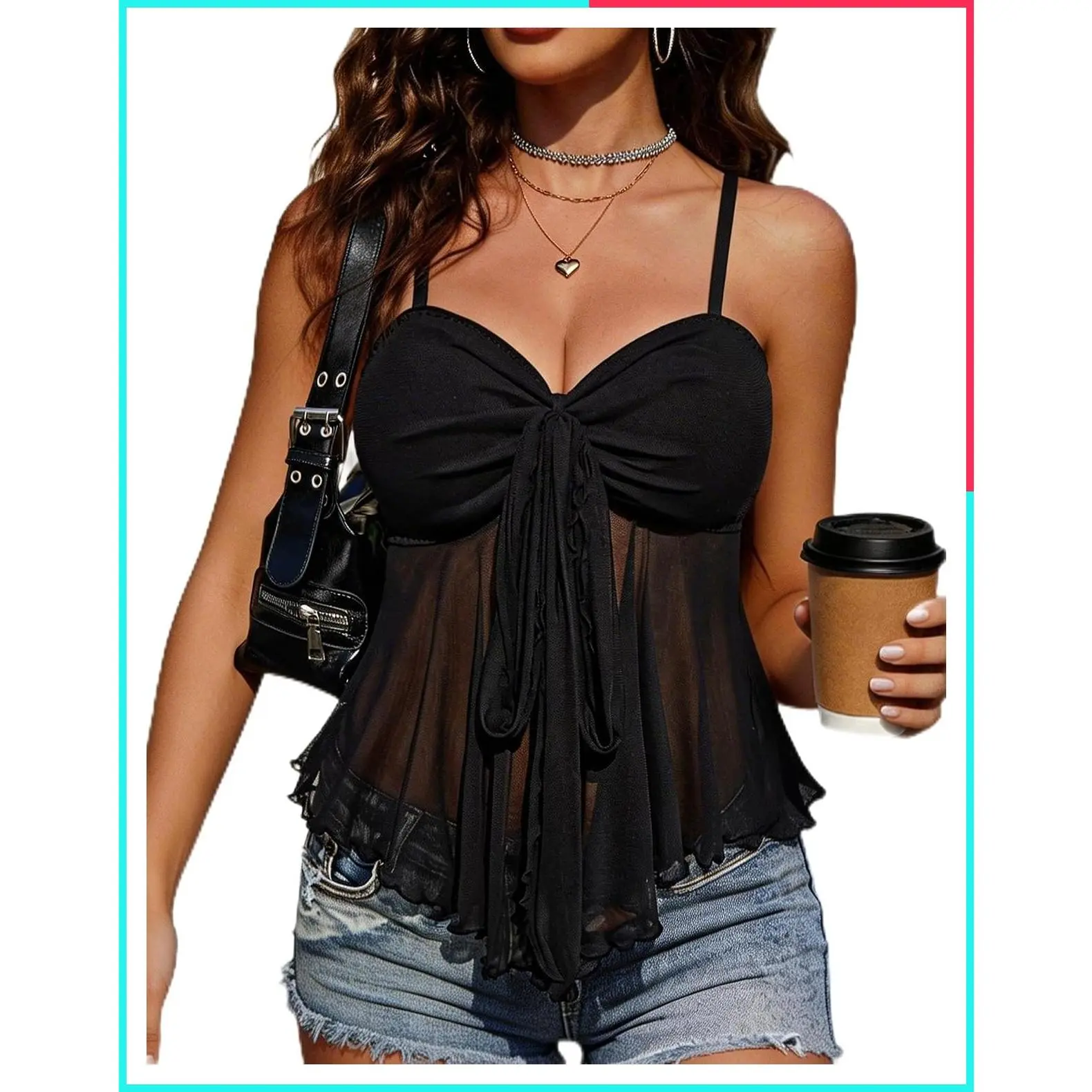 Women's Y2K Cami Bralette Top - Spaghetti Strap Mesh Flowy Tank Lingerie, Mermaid Style for Daily Casual Wear, S-XXL
