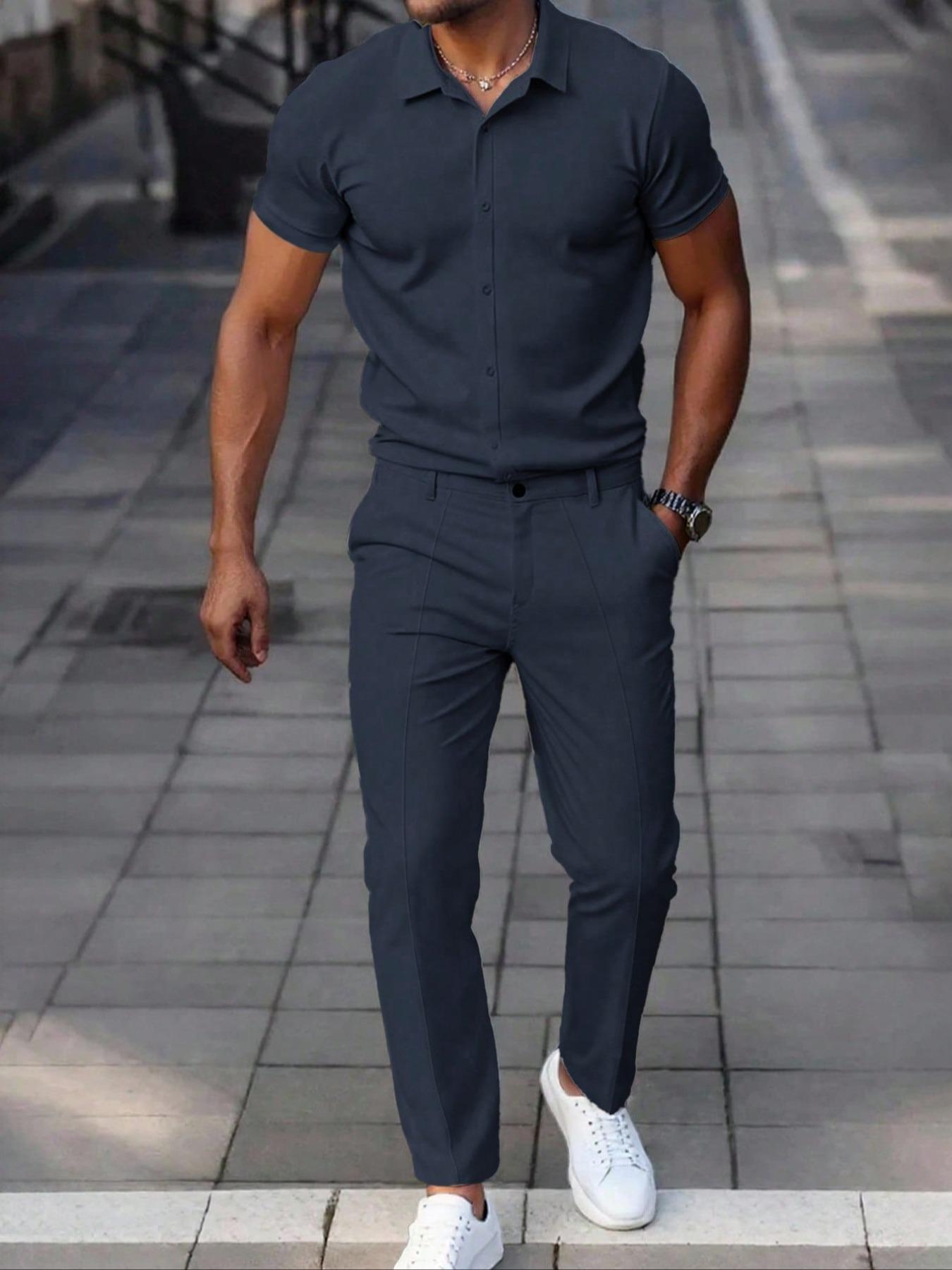Men's Two-Piece Set, Menswear Short Sleeve Plain Shirt & Long Pants, Casual Button Collar, Comfortable Summer Wear, High-Quality Leisure Clothing, Outfits Men's Two-Piece Set, Menswear Short Sleeve Plain Shirt & Long Pants, Casual Button Collar, Comfortable Summer Wear, High-Quality Leisure Clothing, Outfits