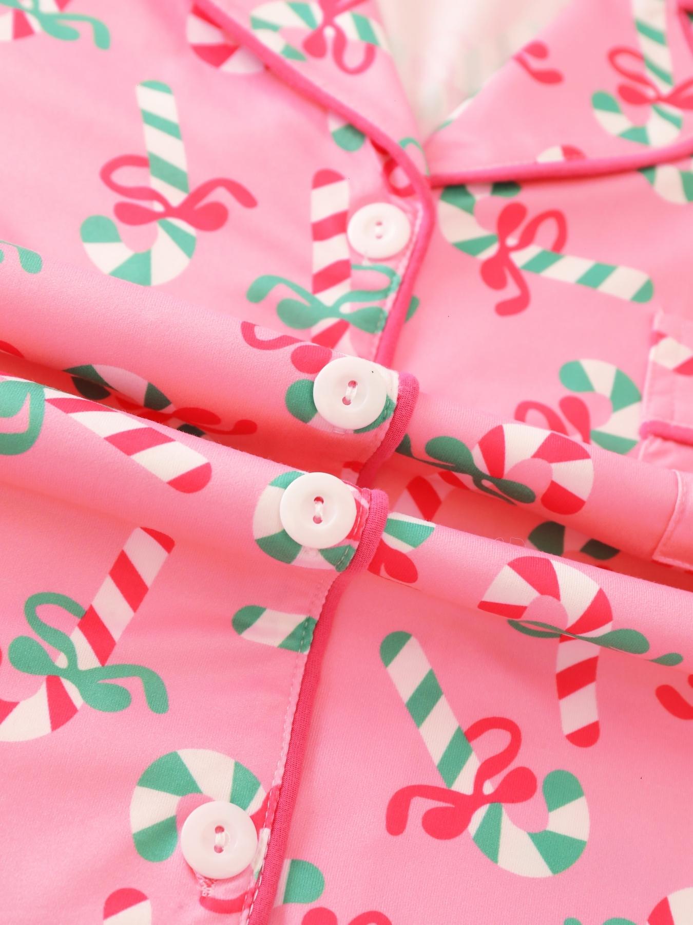 2 pieces of ladies' Christmas cane candy printed short sleeved shorts sleepwear set with buttons, collars, bows, suitable for comfortable and casual home wear in all seasons Pajama Set