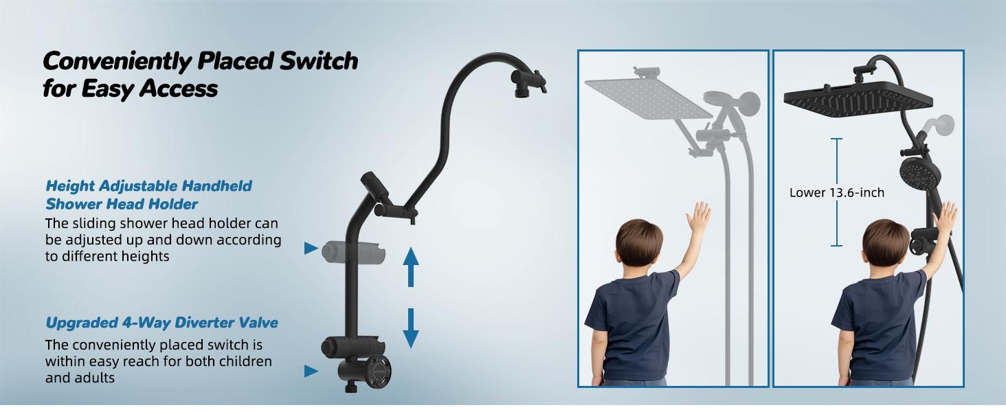 Hibbent Upgraded 5-spray 13'' Shower Head for Easy Reach, High Pressure Rainfall Showerhead Combo with 10-mode Handheld Spray, 12'' Extension Arm, 4-way Diverter, 71'' Hose, Showerhead Holder, Black