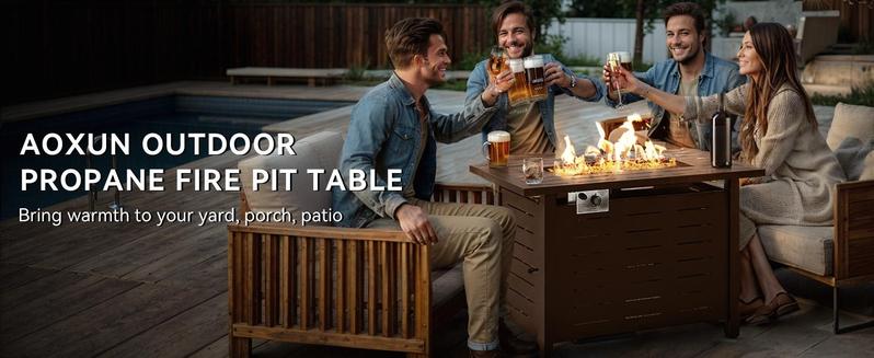 40/41/44 in Propane Fire Pit Table by Aoxun, 50,000 BTU Outdoor Gas Fire Table with Waterproof Cover, Rectangular Steel Fire Table with Lid and Lava Rock for Outdoor, Patio, Backyard,Metal Black 2