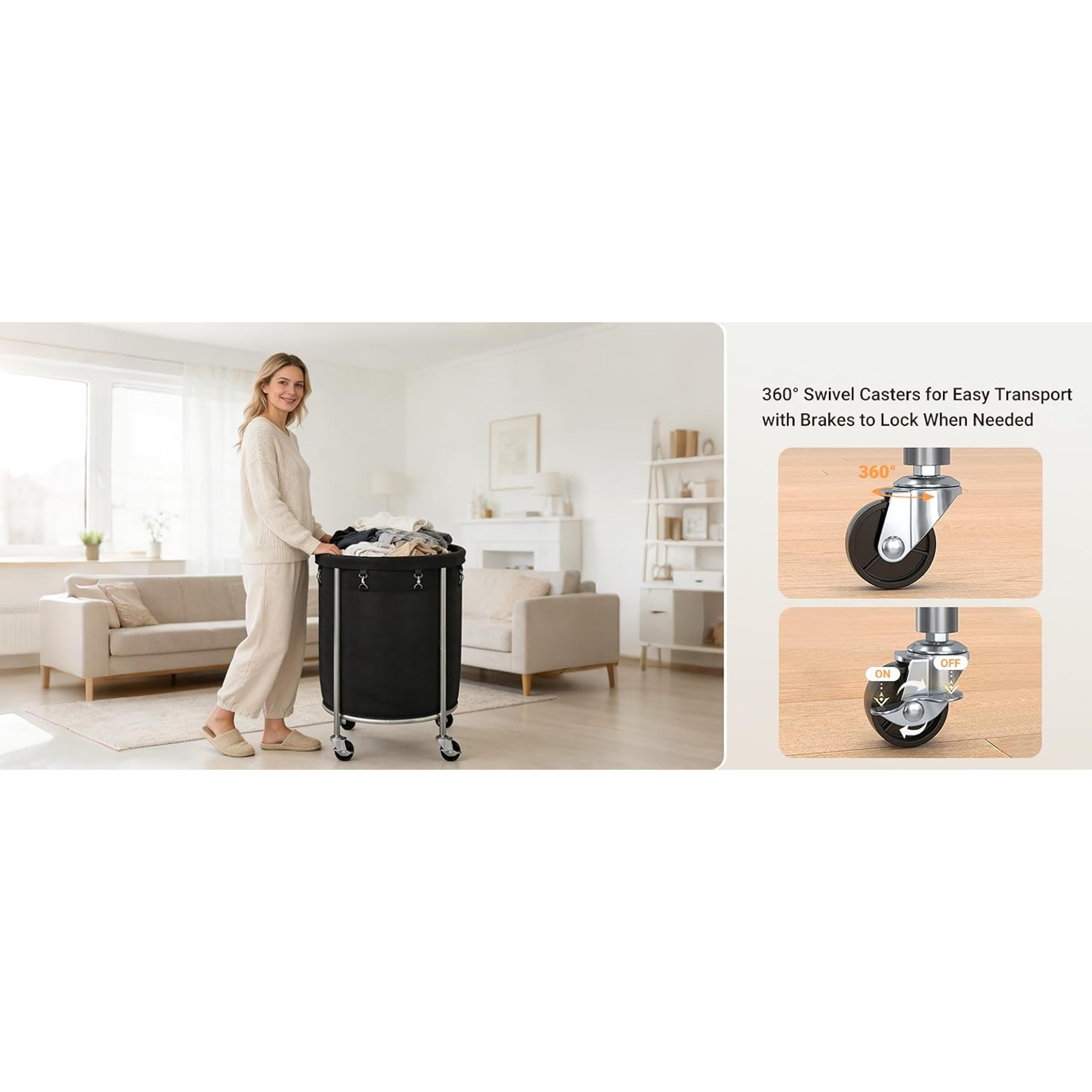 190L Laundry Basket with Wheels, Large Rolling Laundry Hamper with Removable Liner Bag, Round Rolling Laundry Cart, Dirty Clothes Hamper for Hotel, Home, Closet, Dorm, Black