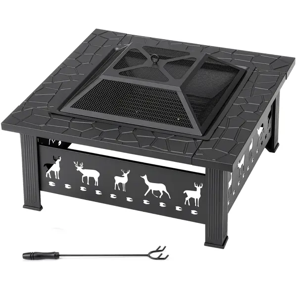 32 Inch Square Outdoor Wood Burning Fire Pit Table, Heavy Duty Iron Firepit with Pyramid Spark Screen Lid & Fire Poker, Floral Cutout Patio Fire Pit for Backyard, Garden, Lawn and Camping, Black