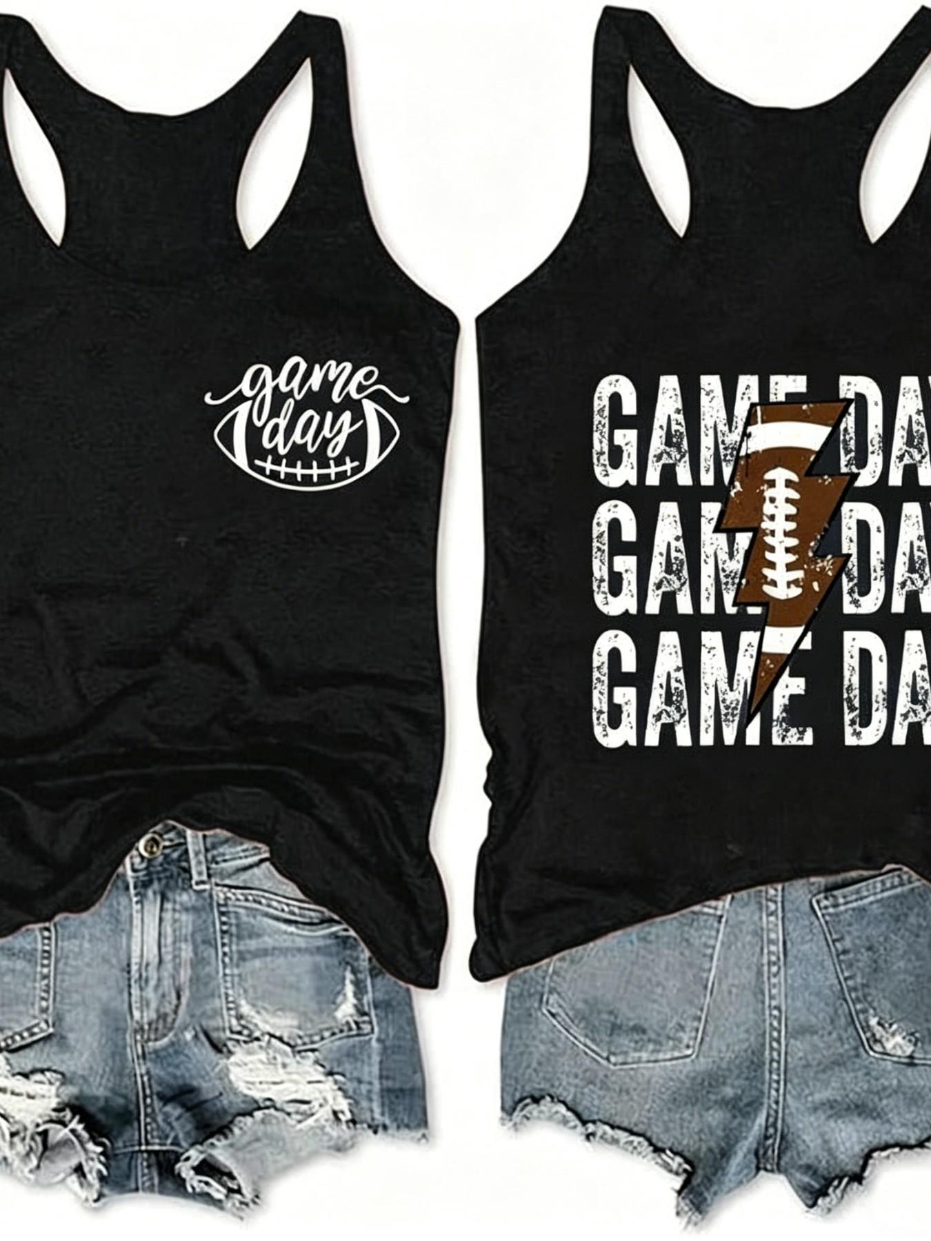 Vintage Game Day Football Tank Top, Casual Racerback for Game Season, Fitted Letter Pattern, Non-Full Placket, No Button, Without Zipper