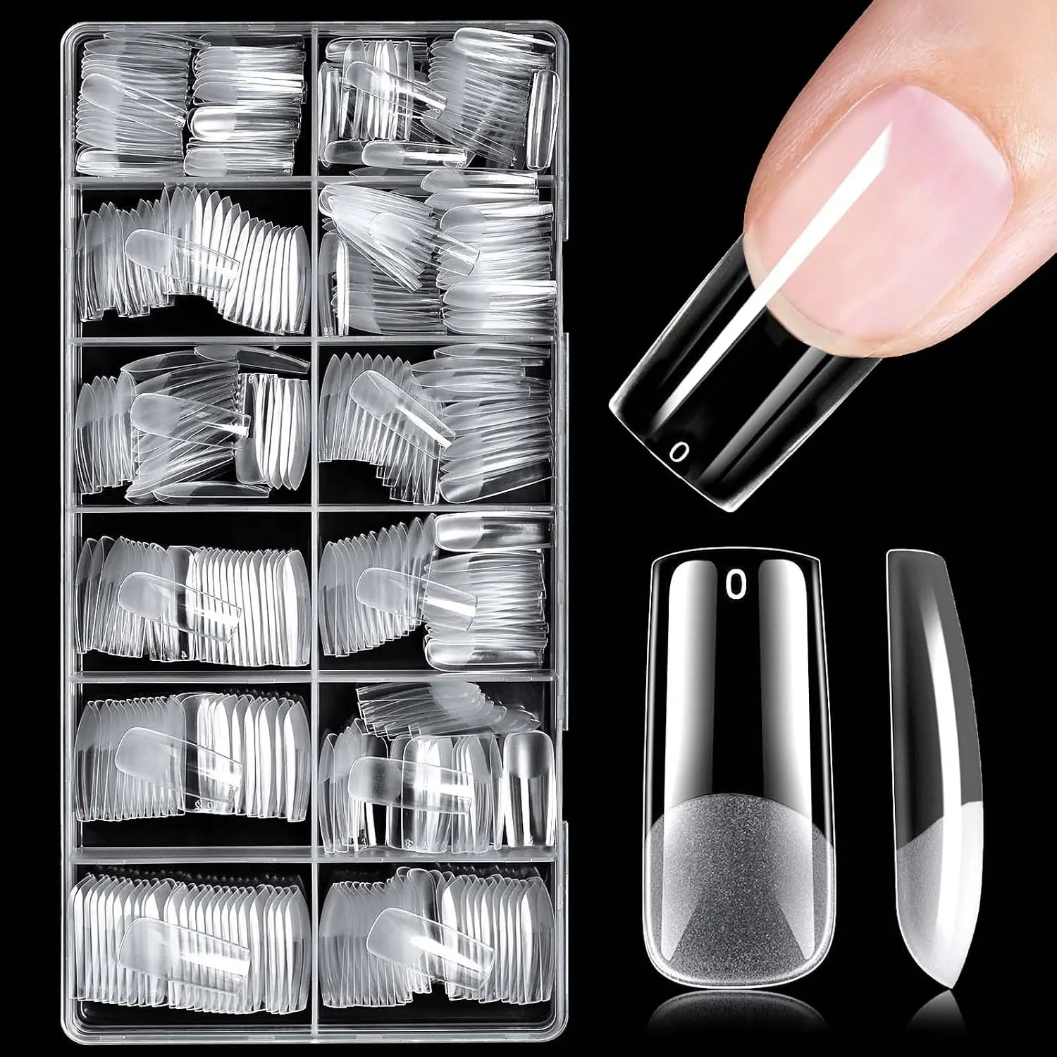 300 count Long Square  Tips, Soft Gel  Tip Square Long  Nails Artificial Fingernail, 15 Sizes Full Cover Clear Press    Nails Tips for  Extensions, Press  Nails Making