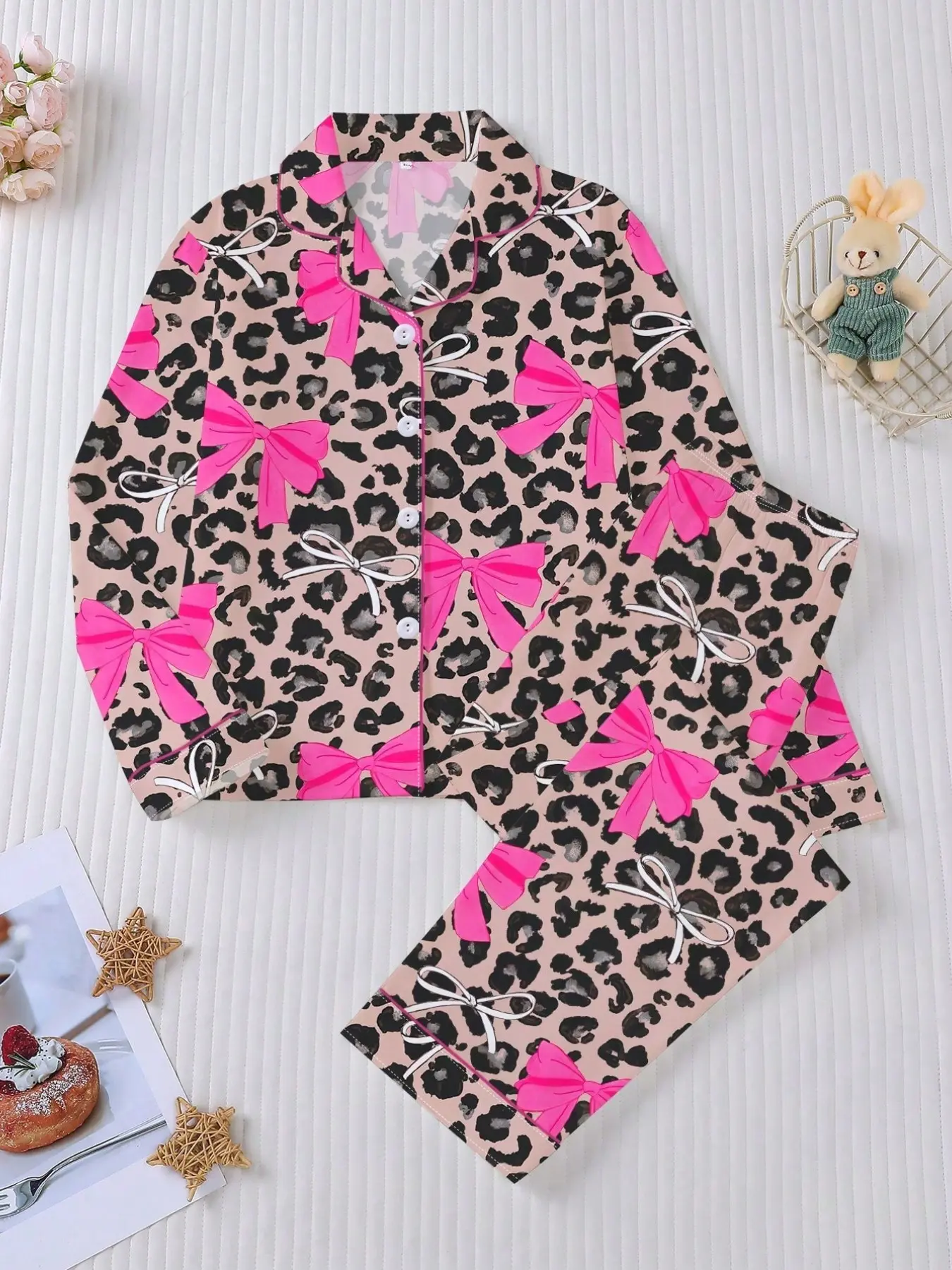 Bow Leopard Print Pajama Set, Flame Retardant Long Sleeve Top & Elastic Pants, Cute Holiday Party Sleepwear Pjs