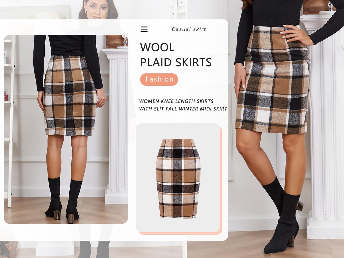 IDEALSANXUN Plaid Pencil Skirts High Waisted Wool Knee Length for Women Fall Winter Skirts Long Midi Tweed Skirt Faldas de Invierno Para Mujer Business Casual Outfits for Women Work Office Skirt Tartan Skirts Holiday Outfits Womenswear Bottoms