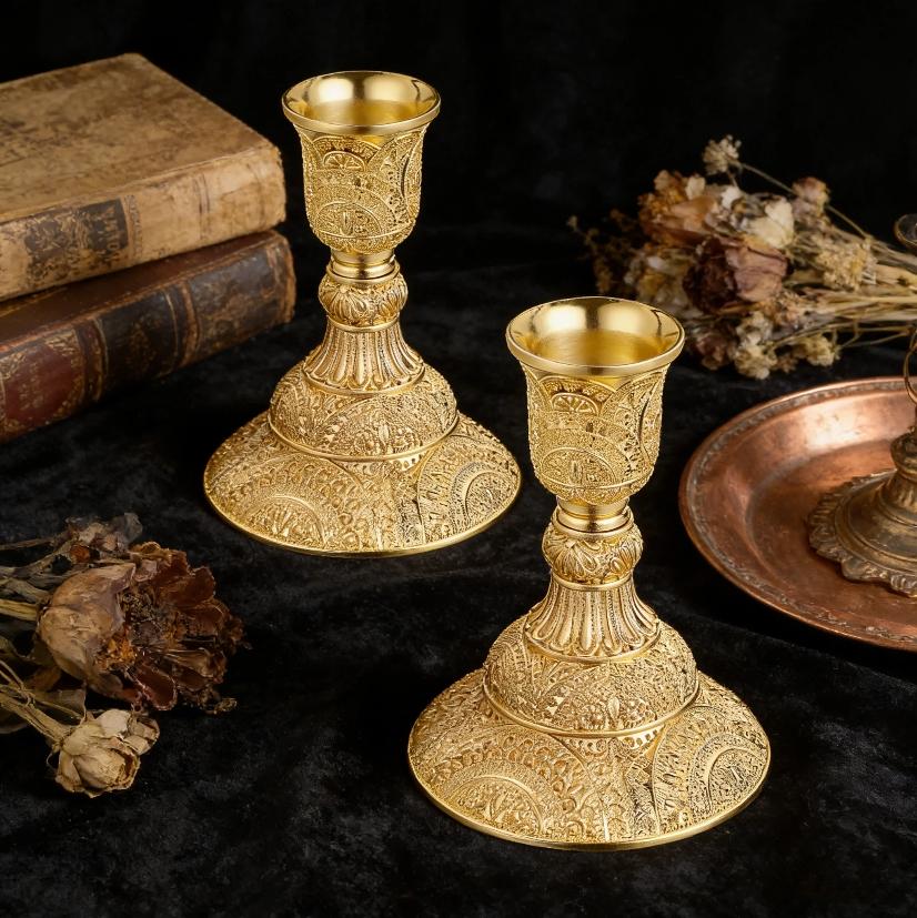 European Vintage Relief Metal Candle Holder Set, 2 Pieces, 3.9 Inches Tall, Perfect for Weddings, Formal Dinners, Church, Christmas, Home Decor