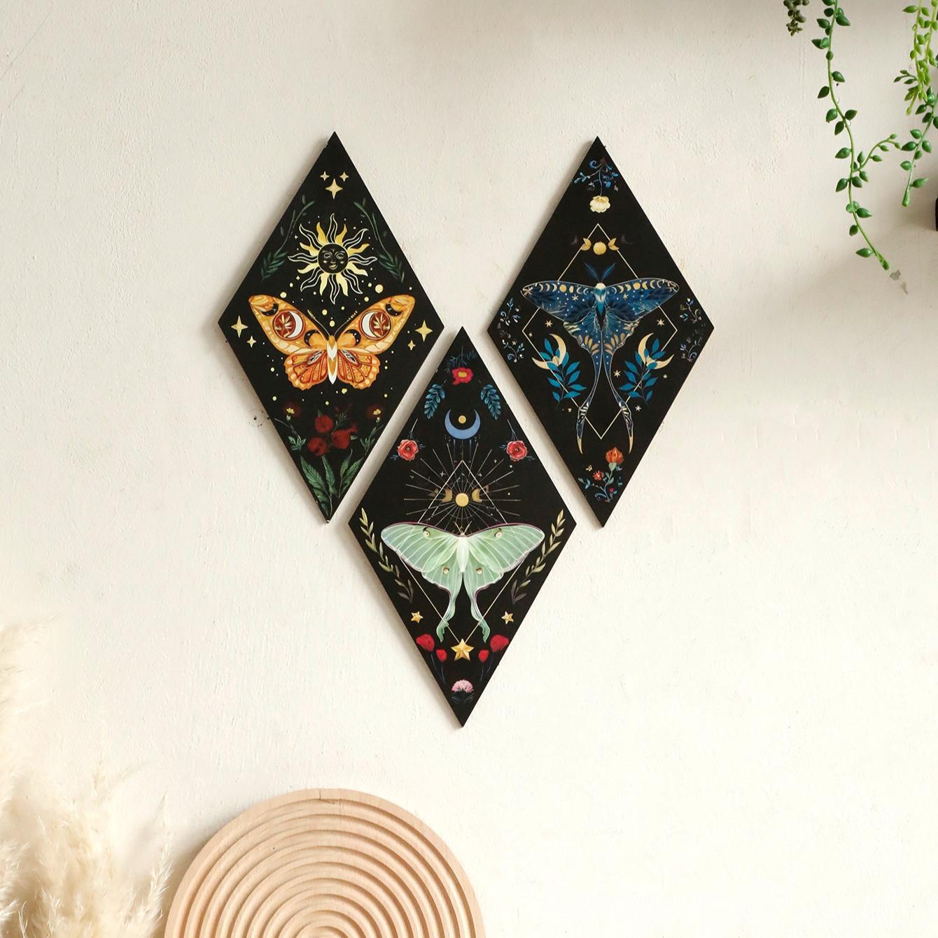 Wooden Butterfly & Moon & Star Pattern Wall Art, 3 Counts Boho Style Wall Decor, Wall Hanging Decor for Home Living Room Bedroom