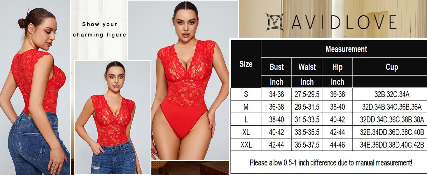 Avidlove Lace Bodysuits for Women V Neck Tank Top Body Suits Snap Crotch One Piece Teddy
