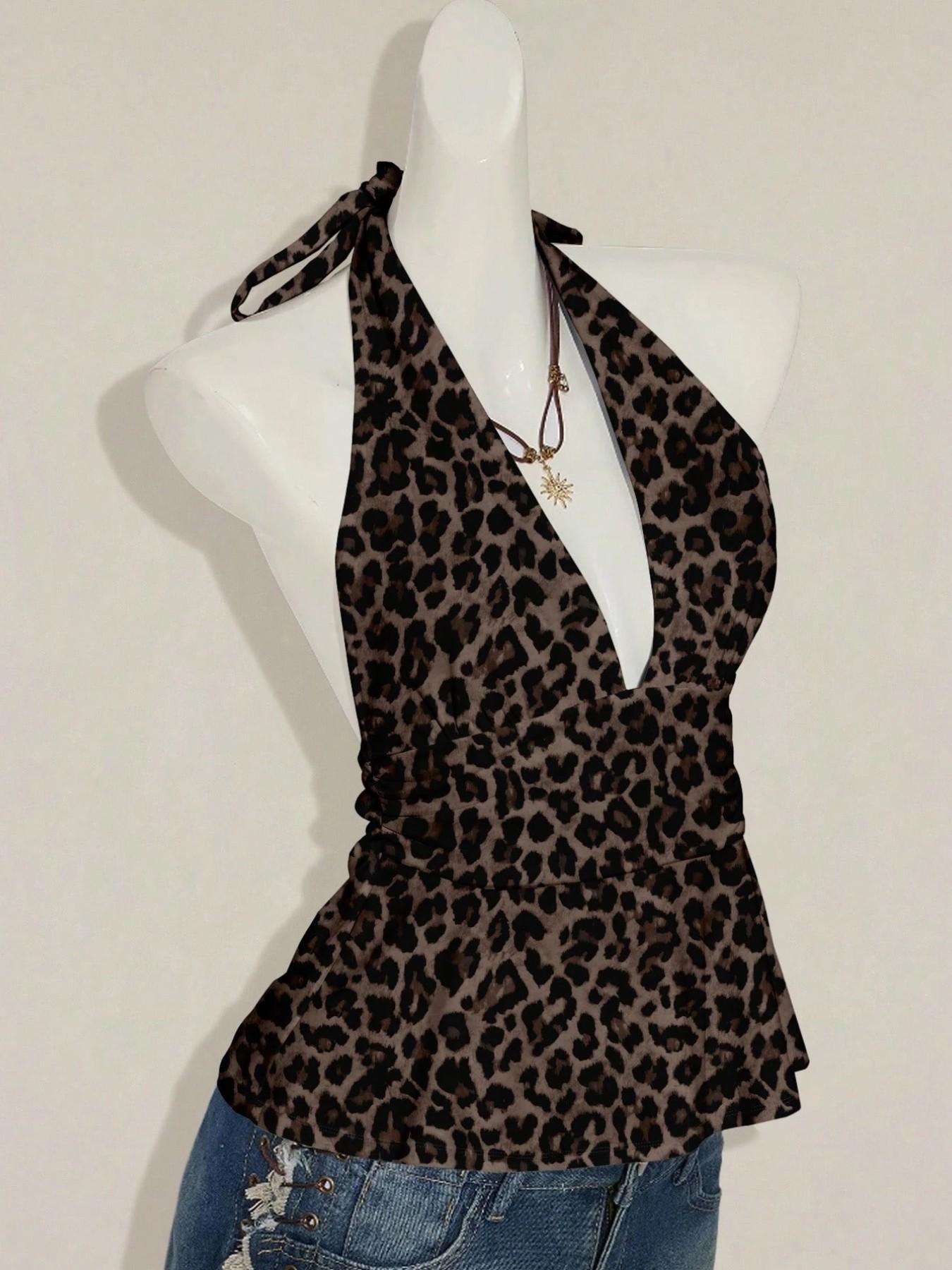 This Leopard Print Halter Top is Y2K Retro Edgy Vibes 🐆 | Deep V Ruched Peplum Top