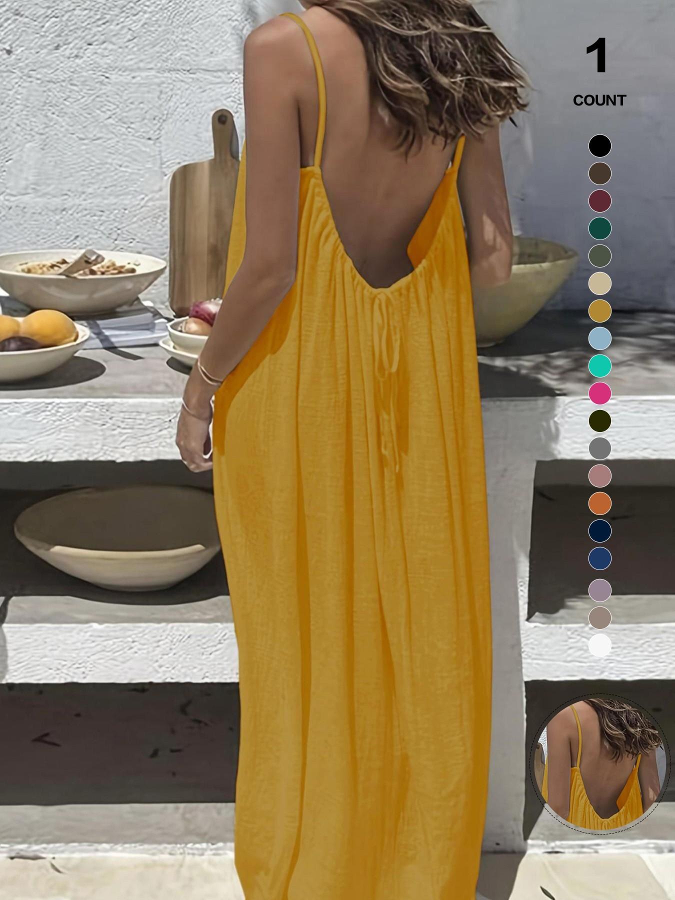 Boho Style Backless Maxi Dress, Spaghetti Strap Low Back Design, Flowy A-Line Cut, Ideal for Spring & Fall Seasons