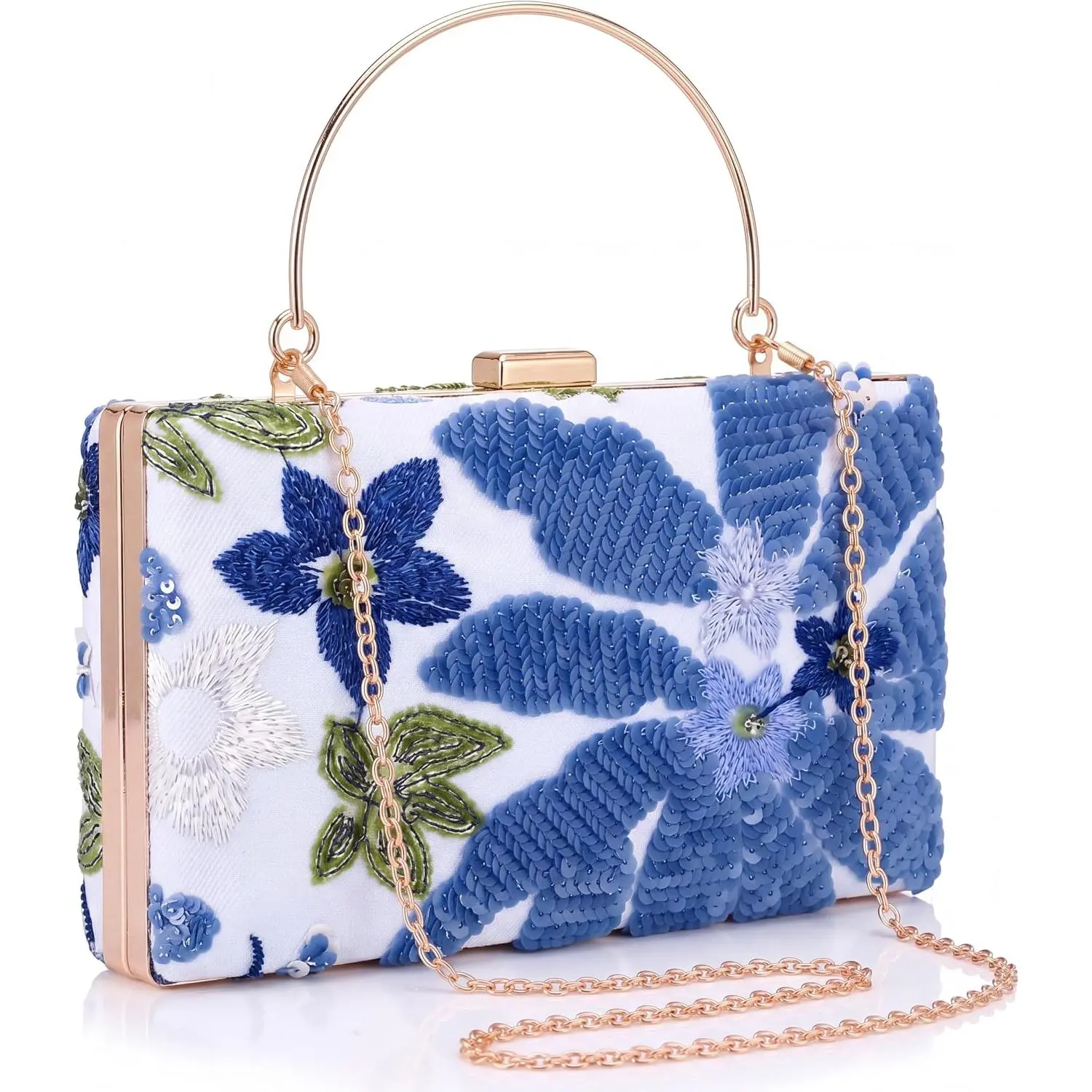 Floral Embroidered Beaded Sequin Evening Clutch Envelope Box Handbag with Handle Formal Party Prom Bag for Women