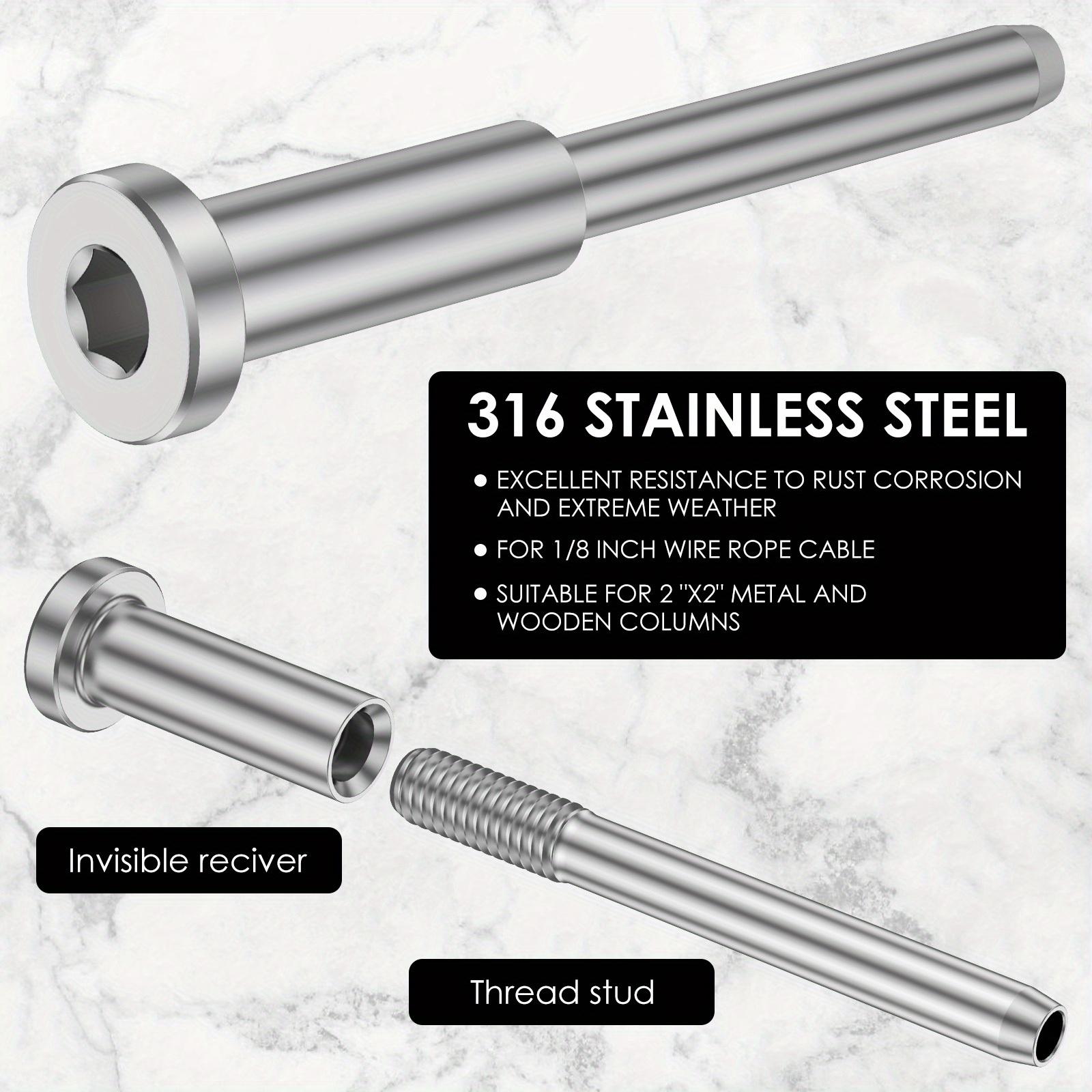 10 - Piece 316 Stainless Steel Invisible Cable Railing Hardware Kit: Receiver and Swage Stud End Set for 1/8" Wire Rope Cable. Ideal for Metal and Wood Columns