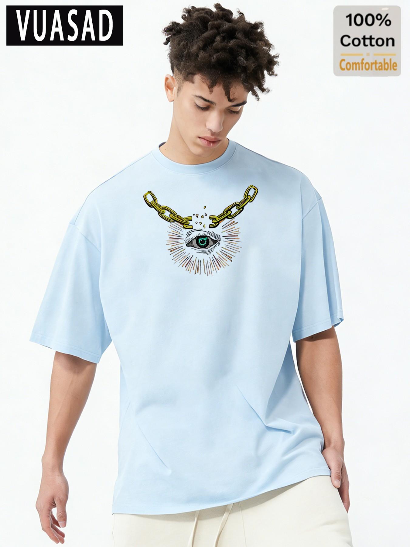 American Street Style Mystery Element Short Sleeve T-Shirt for Men, 100% Pure Cotton, Loose Fit, Casual Commuter Top, Long Length