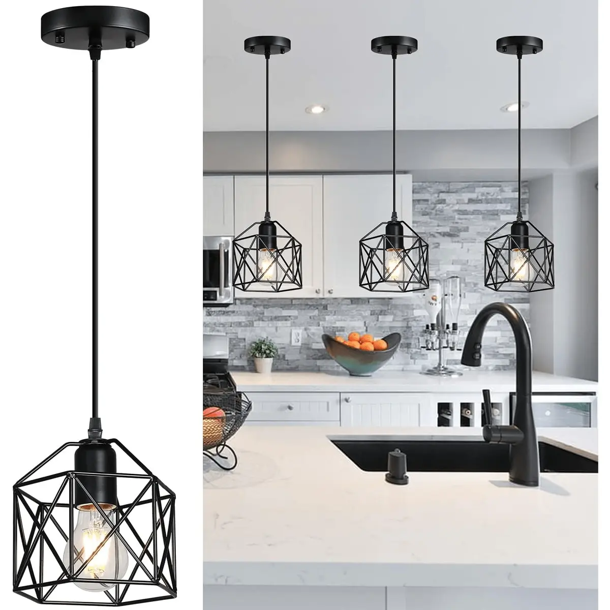 Vintage Farmhouse Pendant Light Fixture, Industrial Metal Cage Hanging Ceiling Lamp with E26 Base, Rustic Basket Design Chandelier for Kitchen Island, Dining Room, Restaurant, Bar, Hallway & Home Decor