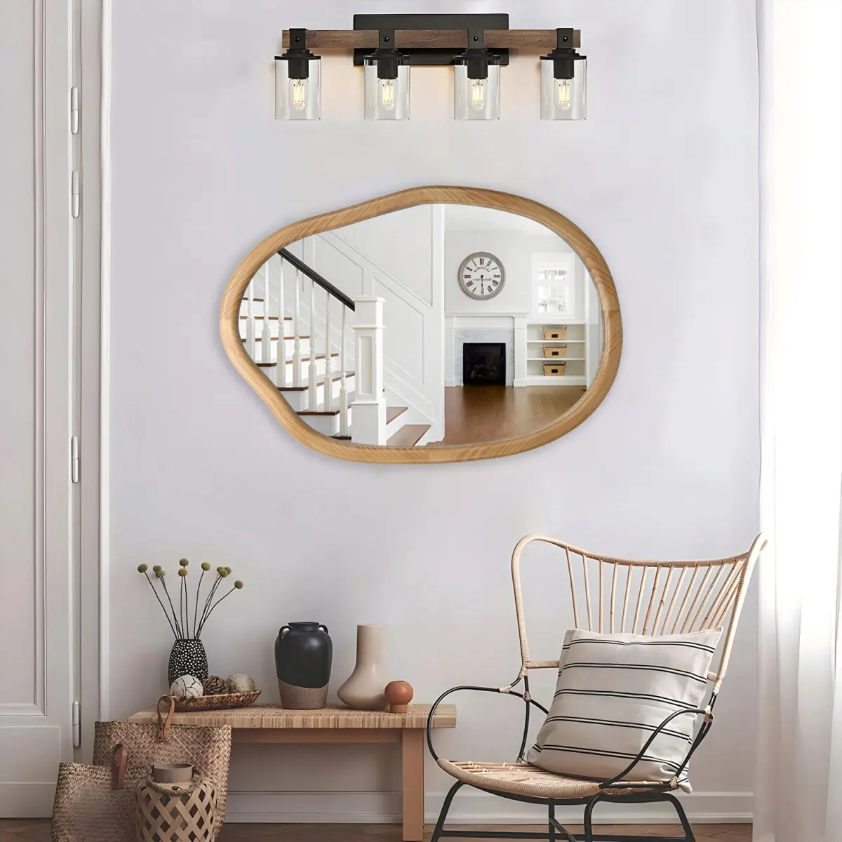 Irregular Wavy Wooden Framed Wall Mirror, Antique Natural Asymmetrical Abstract Decorative Glass Mirror, Crystal Clear Undistorted Wall Hanging Mirror for Entryway Living Room Bedroom Bathroom Home Wall Decor