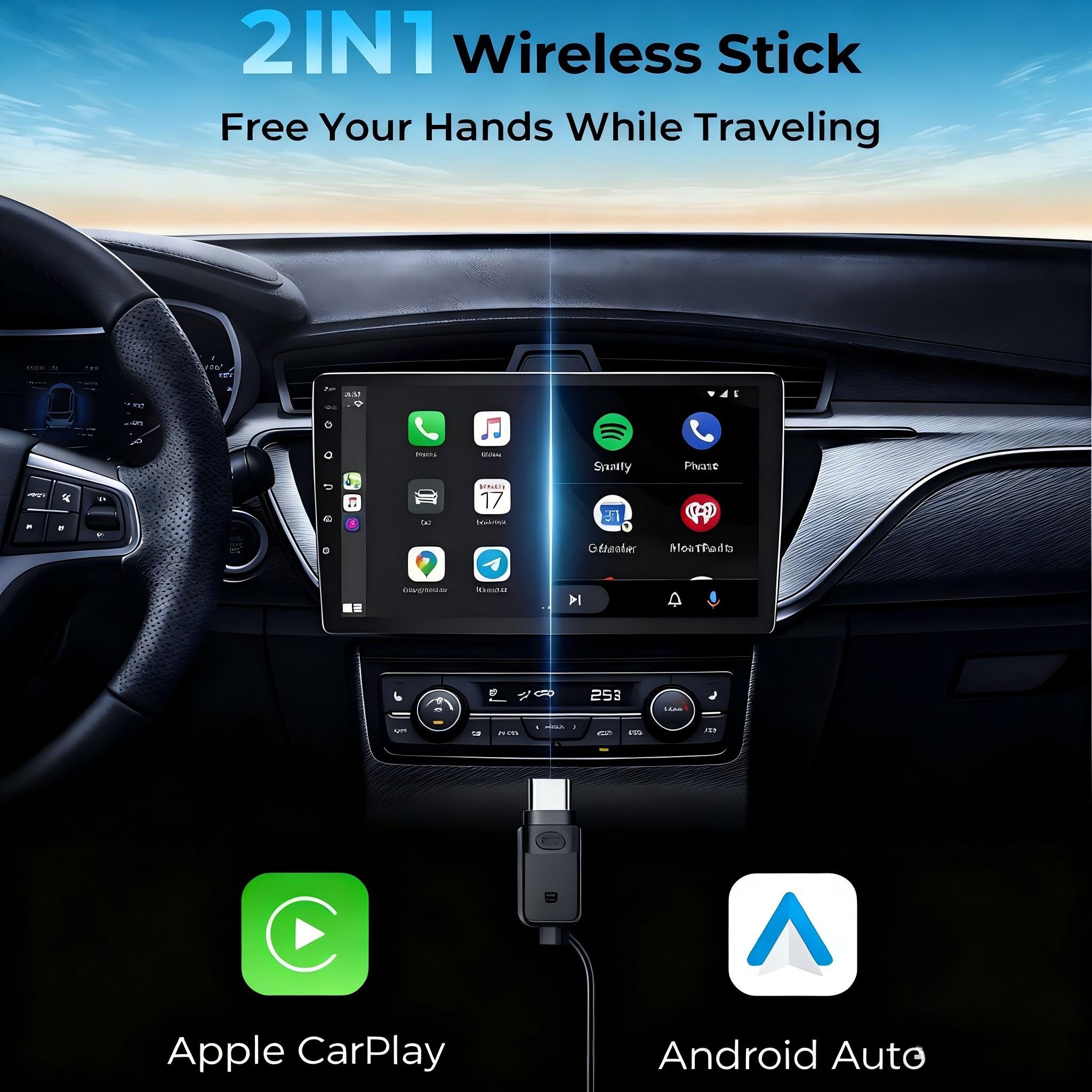 Two-In-One Wireless Carplay & Android Auto Adapter, Plug-And-Play, Fast Automatic Connection, Compact Design, USB/USB-C Ports