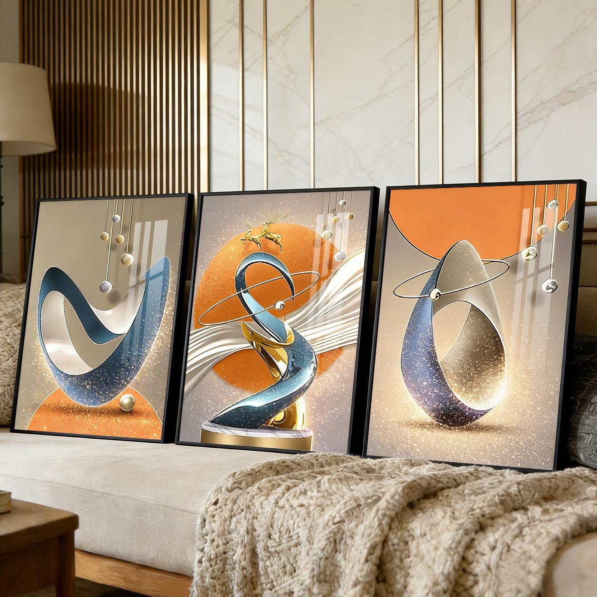 3 Counts Aluminum Alloy Framed Painting, Modern Abstract Geometric Sculpture Art Pictures, Home Decoration For Living Room, Bedroom, Office, Restaurant, Hallway Wall Decor, Odorless Print Artwork, Luxury Perfect Gift For Friends And Family