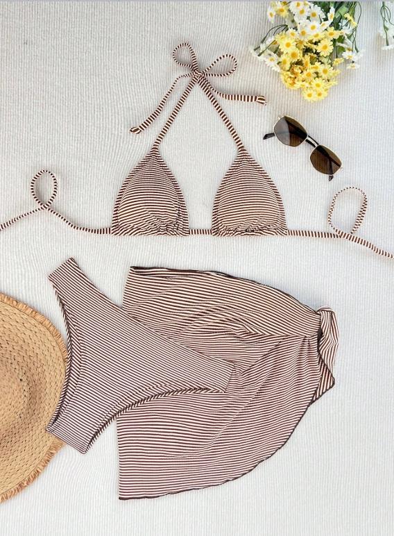 Women's Summer Casual Swimwear Set, Striped Print Bikini and Matching Skirt, 3 Piece Beach, Fitted Style, Perfect for Vacation