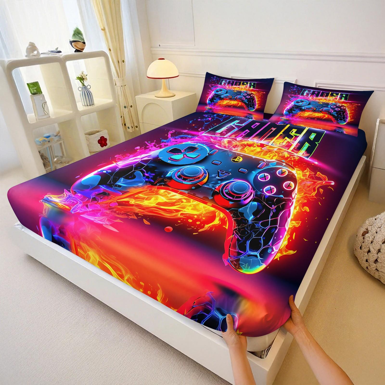 Futuristic, Modern Flair, Energetic Gaming Controller 3pcs Fitted Sheet Set, Flame Neon Effects, Dynamic Vibrant Digital Printed Bedding Set, Comfort Ultra-Fine Fiber Bed Cover, Stylish Energetic Home Decoration, Includes 2 Pillowcases, No Pillow Core