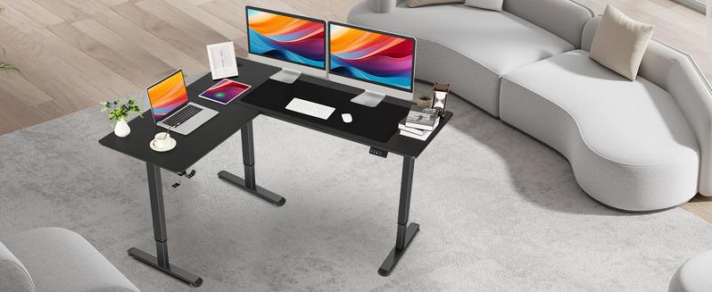 63"x55"x24" Electric L-shaped Standing Desk Computer Table with Mouse Pad Corner Sit-stand Desk for Home Office Gaming Room, 28"H-46"H Height Adjustable Spacious Desktop, 2 Pre-set Memory Height Headphone Hook Cable Management, Multiple Monitors