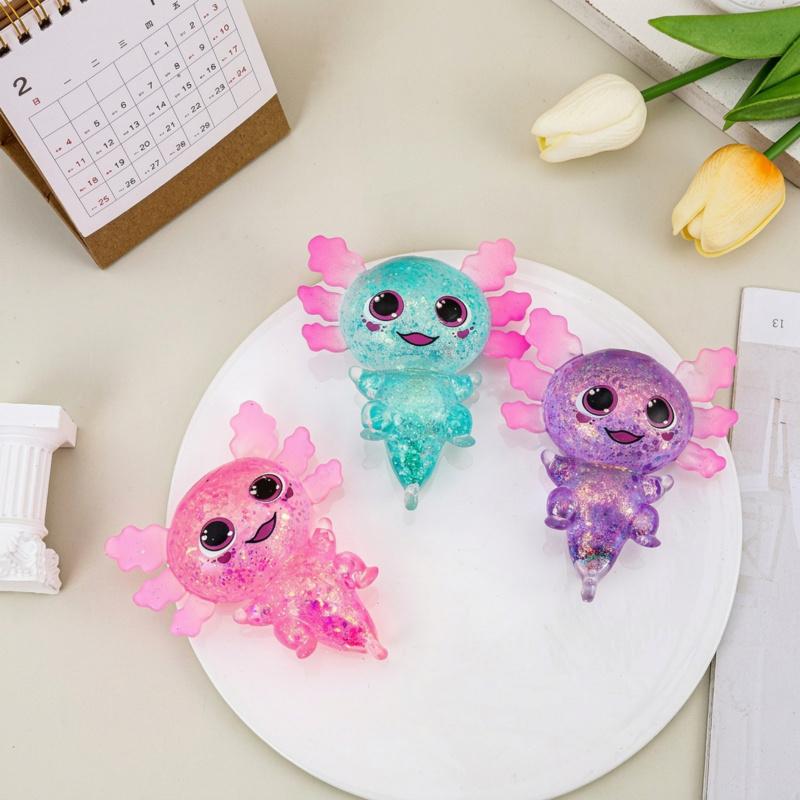 Axolotl squishy toy, made of glittery silicone, cute and adorable, chibi-style salamander design, slow-rebound squishy for stress relief, perfect for students and office workers, a great children's gift, and a stress-relieving toy.