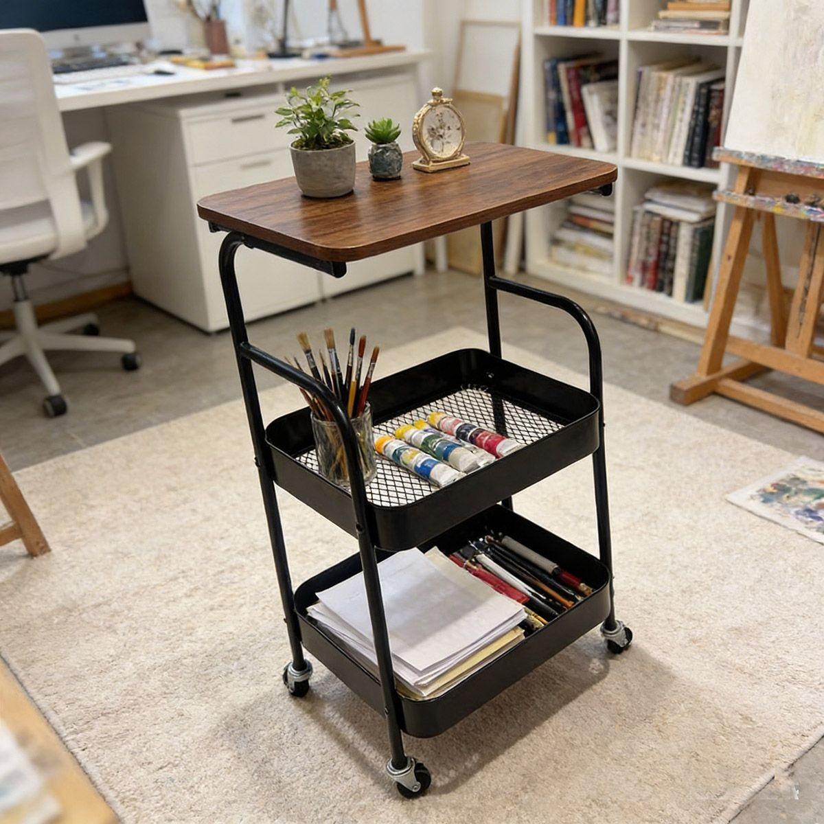 Three-Tier Rolling Cart with Desktop, Storage Shelf, Metal Frame, Portable Wheels, Durable Carbon Steel, Home or Office Use