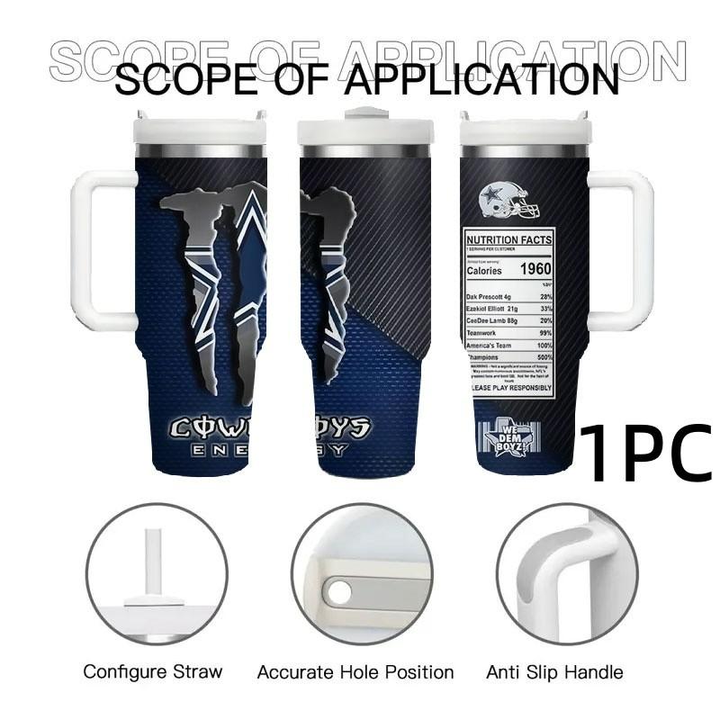 1pc Dallas Cowboys Energy Drink Pattern 40oz Tumbler, Non-Slip Handle Insulated Cup, Large Capacity Functional Beverage Straw Cup, Car/ Sports Use