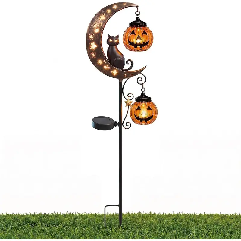 Halloween Solar Garden Stake Light, Black Cat on Crescent Moon with Jack-o'-Lantern Pumpkin Lantern, Waterproof LED Solar Outdoor Yard Decor for Garden Patio Lawn