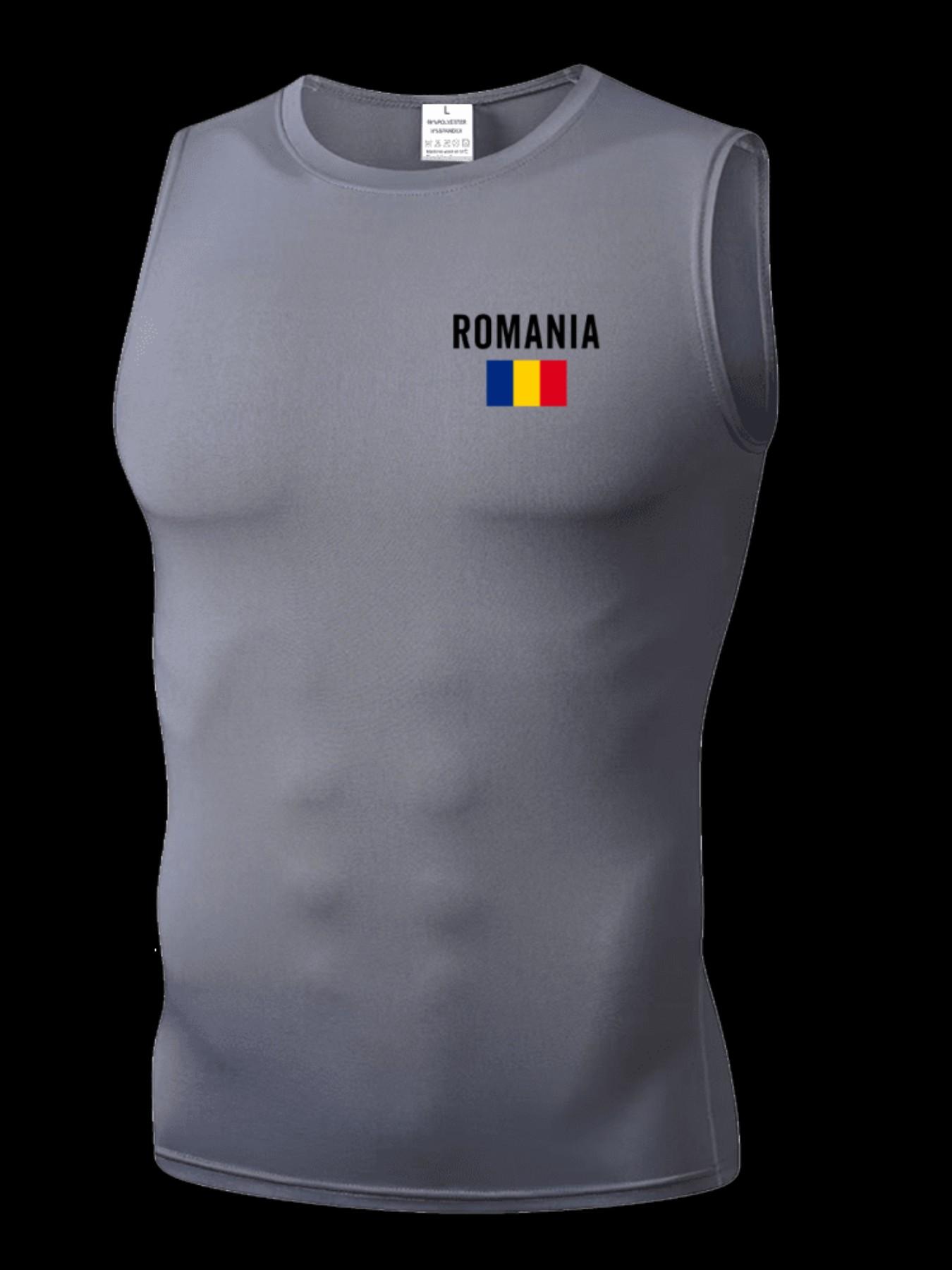 Men's Short Sleeve Sporty Top, Quick-Dry Breathable Fabric, Romania Pattern, Ideal for Gym, Running, Boxing, Outdoor Activities