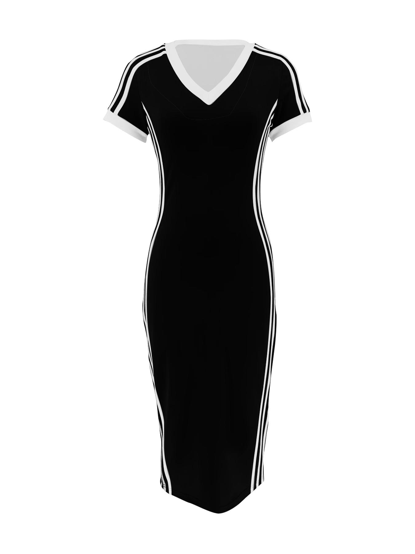 Women's Striped Trim Dress, Casual Fashion V Neck Short Sleeve Dress for Daily Outdoor Wear, Women Dress for Summer