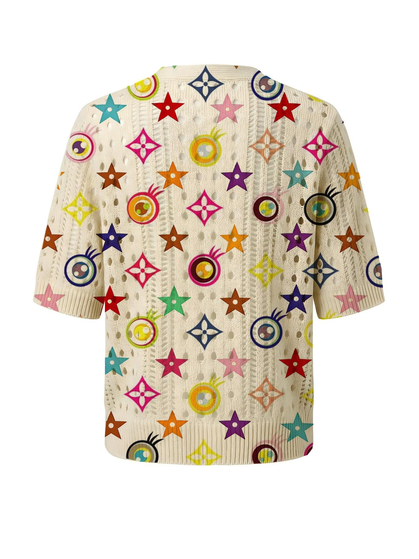 Elegant Women's Vibrant Colorblock Geometric Print Short Sleeve Knit Cardigan Button, Casual Breathable Top, Hollow Out Design, Beach Vacation Wear